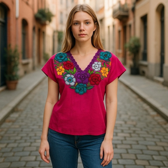Embroidered Pink Floral V-Neck Top - Picture 1 of 14